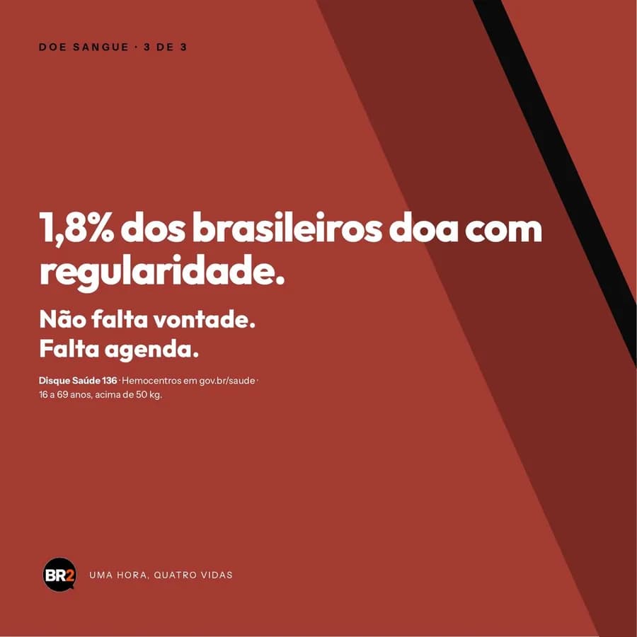 Peça 3 de 3 da campanha Uma Hora, Quatro Vidas, criada pela BR2 para Doe Sangue