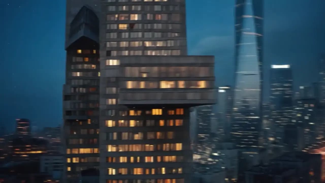 Quadro do reel de produção com IA: prédios altos de uma cidade à noite, com as janelas acesas.