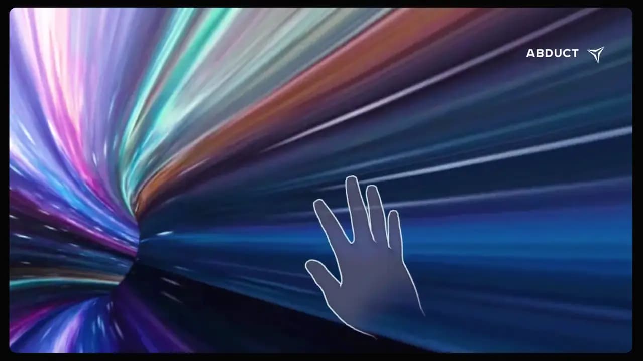 Quadro do reel de experiências imersivas: o contorno de uma mão diante de um túnel de luzes coloridas.