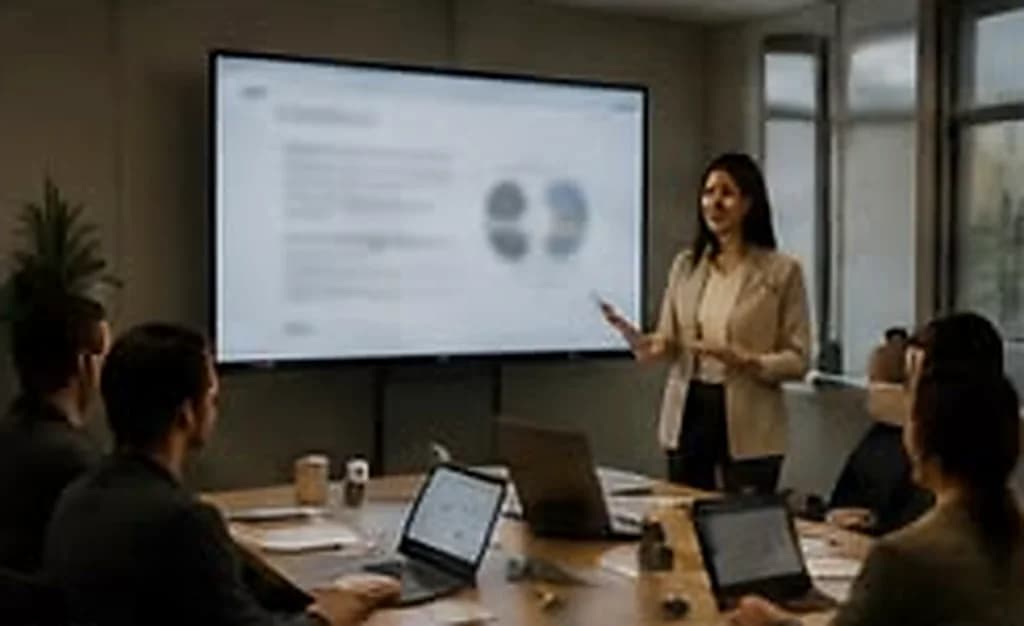 Executiva apresentando para colegas em sala de reunião com tela ao fundo