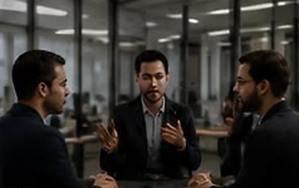 Três profissionais em conversa tensa na quina de uma mesa de reunião