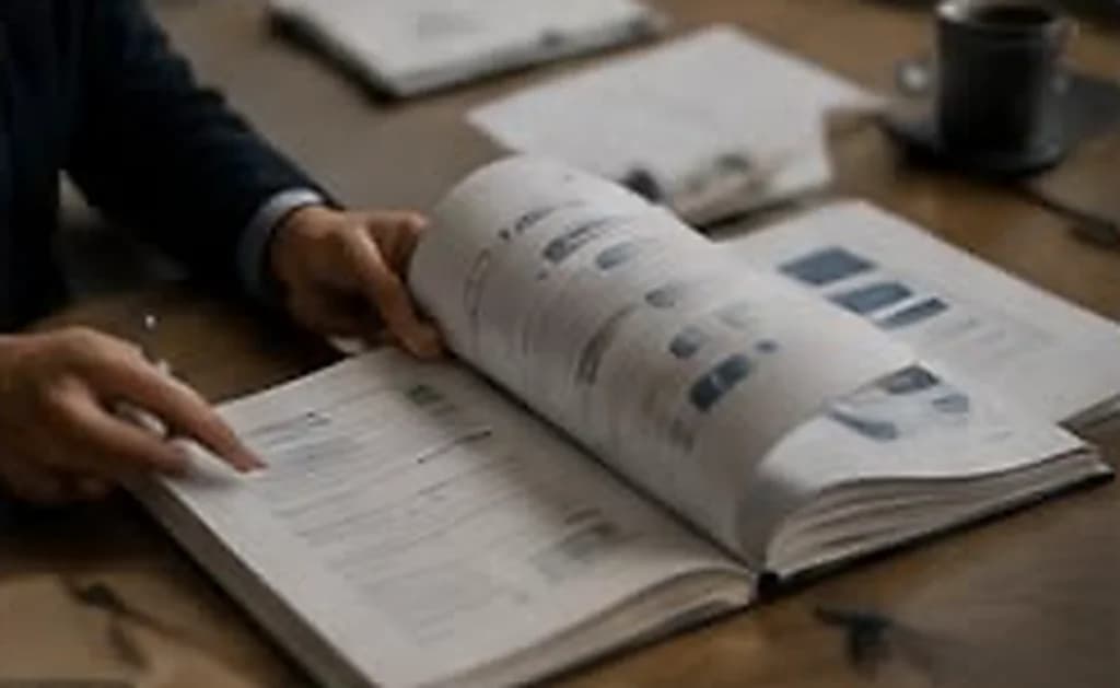 Mão virando a página de um relatório executivo impresso