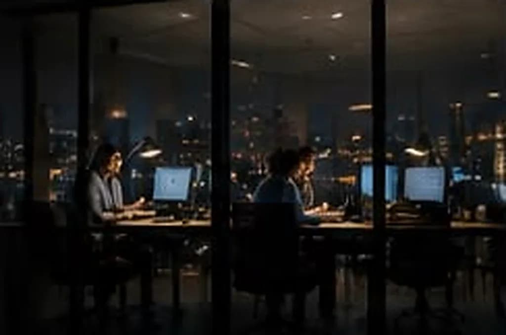 Escritório às escuras com duas pessoas trabalhando em telas iluminadas