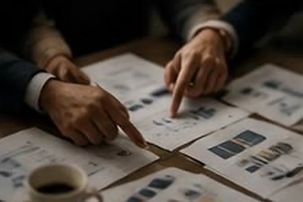 Mãos apontando para gráficos impressos espalhados sobre uma mesa