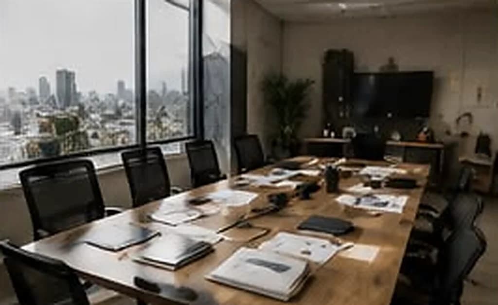 Sala de reunião vazia ao amanhecer com relatórios sobre a mesa