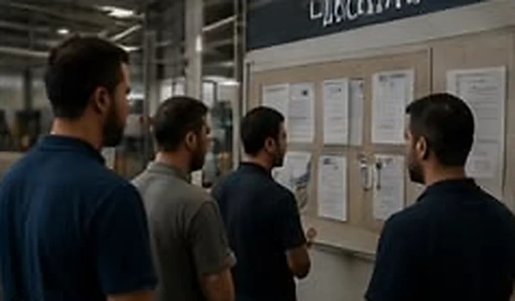 Trabalhadores lendo um quadro de avisos na área de descanso de uma fábrica