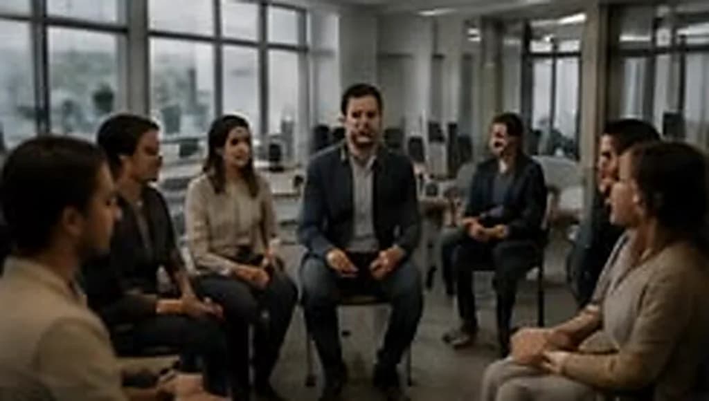 Gestor falando para equipe sentada em semicírculo informal num escritório aberto