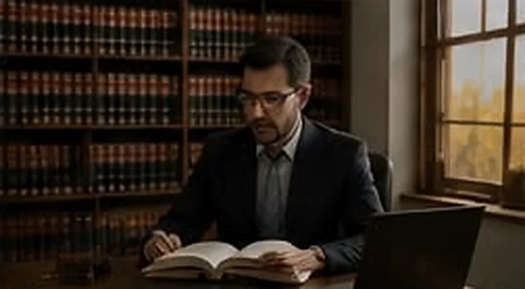 Advogado estudando um livro aberto ao lado de um notebook em biblioteca jurídica