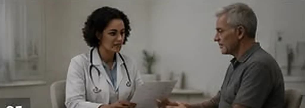 Médica e paciente lendo juntos uma folha de orientação em um consultório