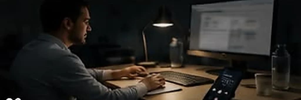 Mesa iluminada só por monitor e luminária durante a madrugada, escritório vazio