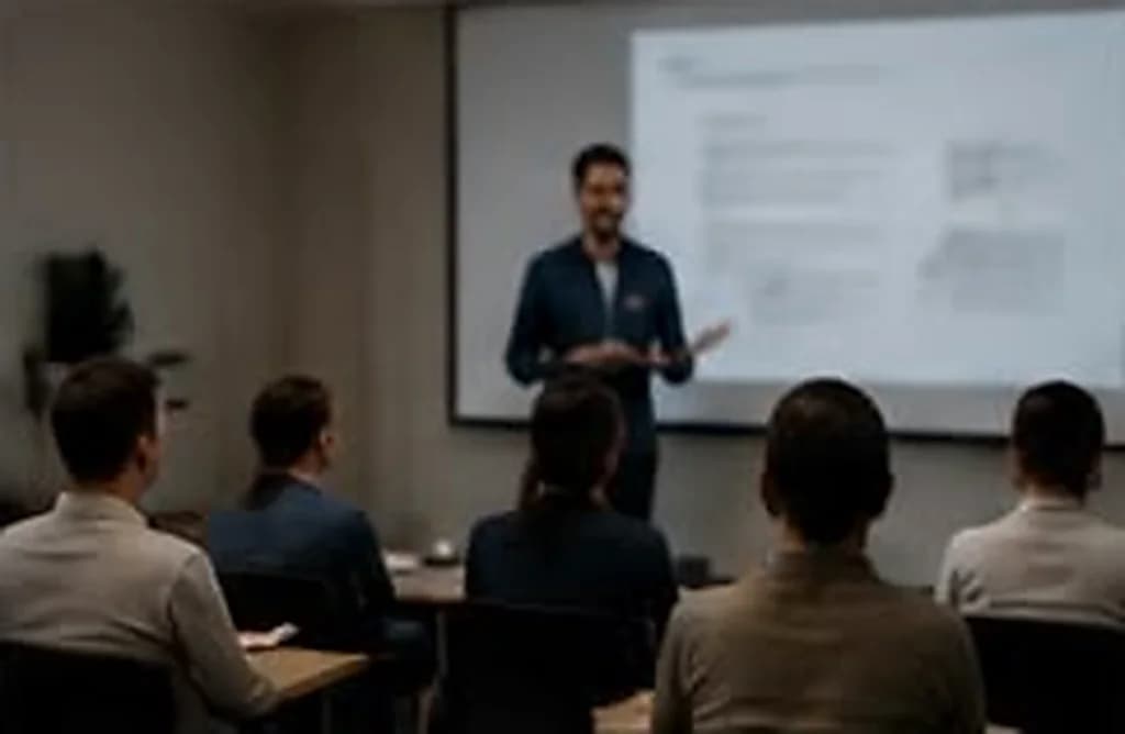 Instrutor apresentando para uma turma sentada em sala de treinamento