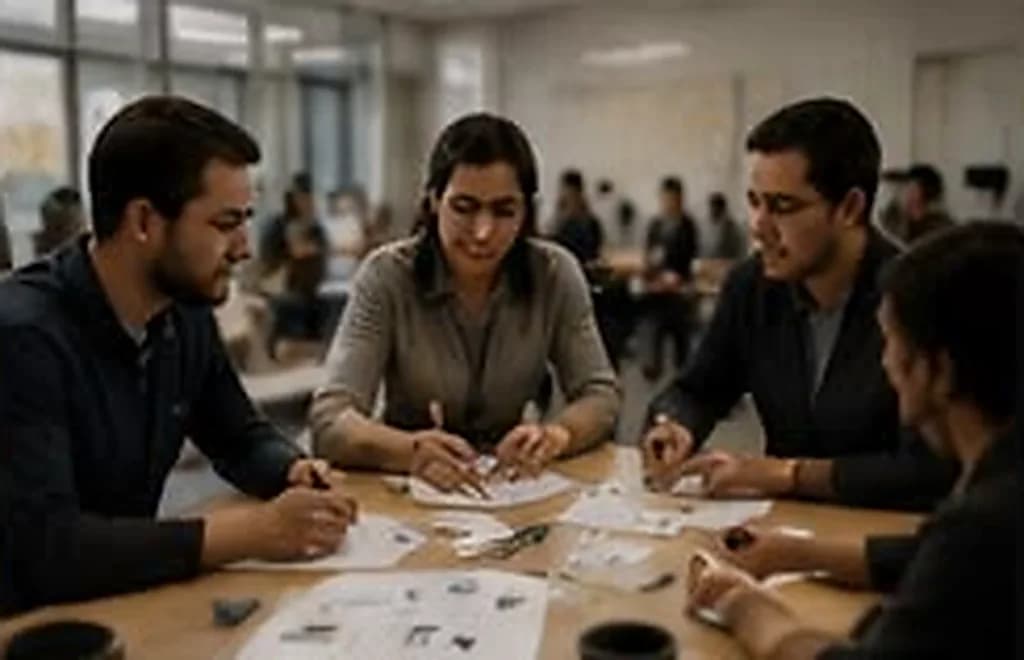 Grupo de profissionais discutindo um material impresso em torno de uma mesa