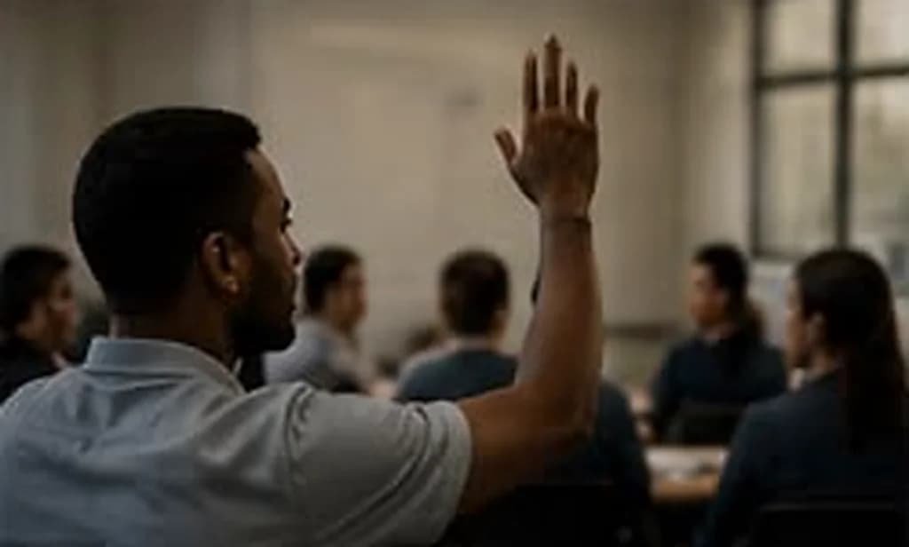 Participante com a mão levantada fazendo uma pergunta numa sala