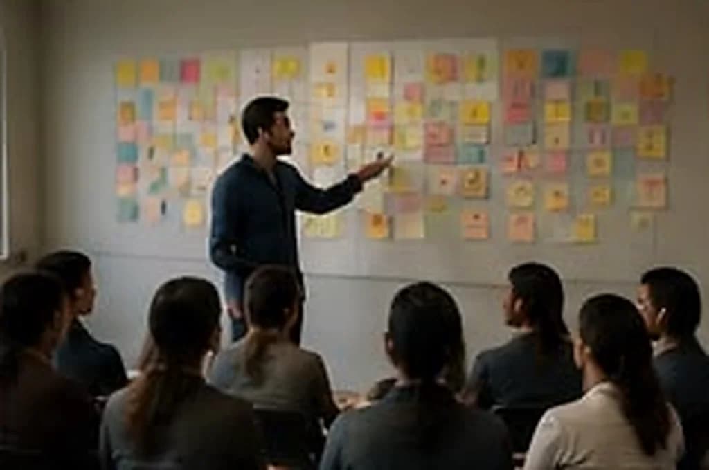 Facilitador conduzindo um grupo sentado em semicírculo, ao lado de uma parede de anotações