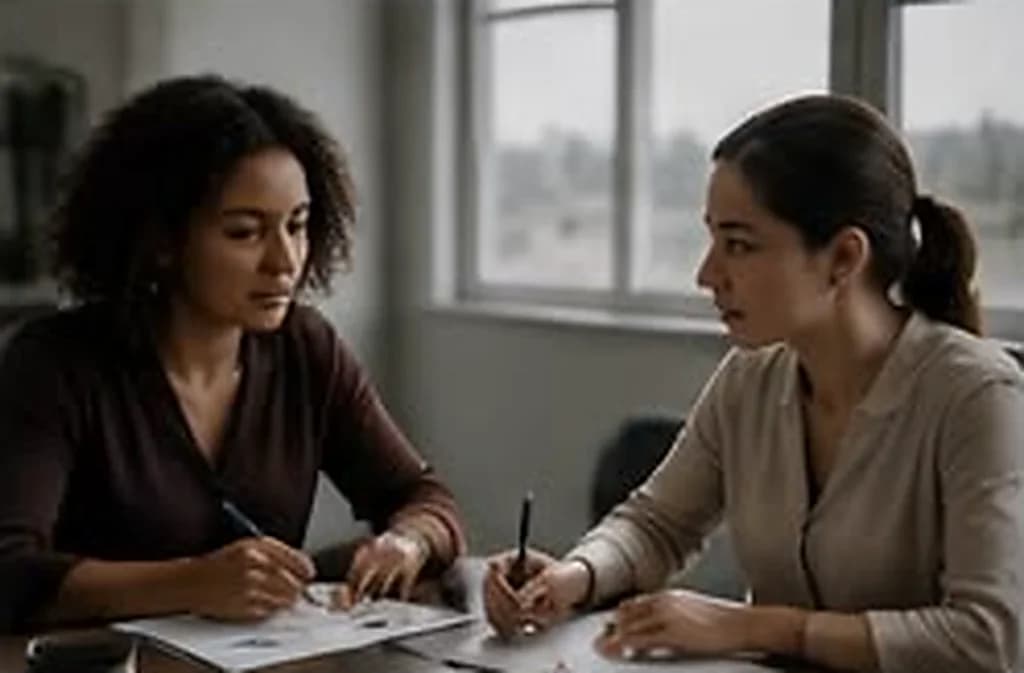 Duas profissionais discutindo e anotando em uma mesa de trabalho