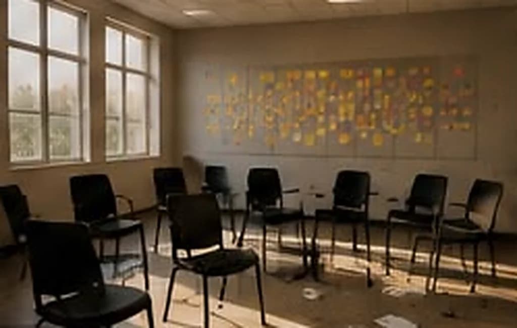 Sala de trabalho vazia depois de uma sessão, com o painel de anotações ainda na parede