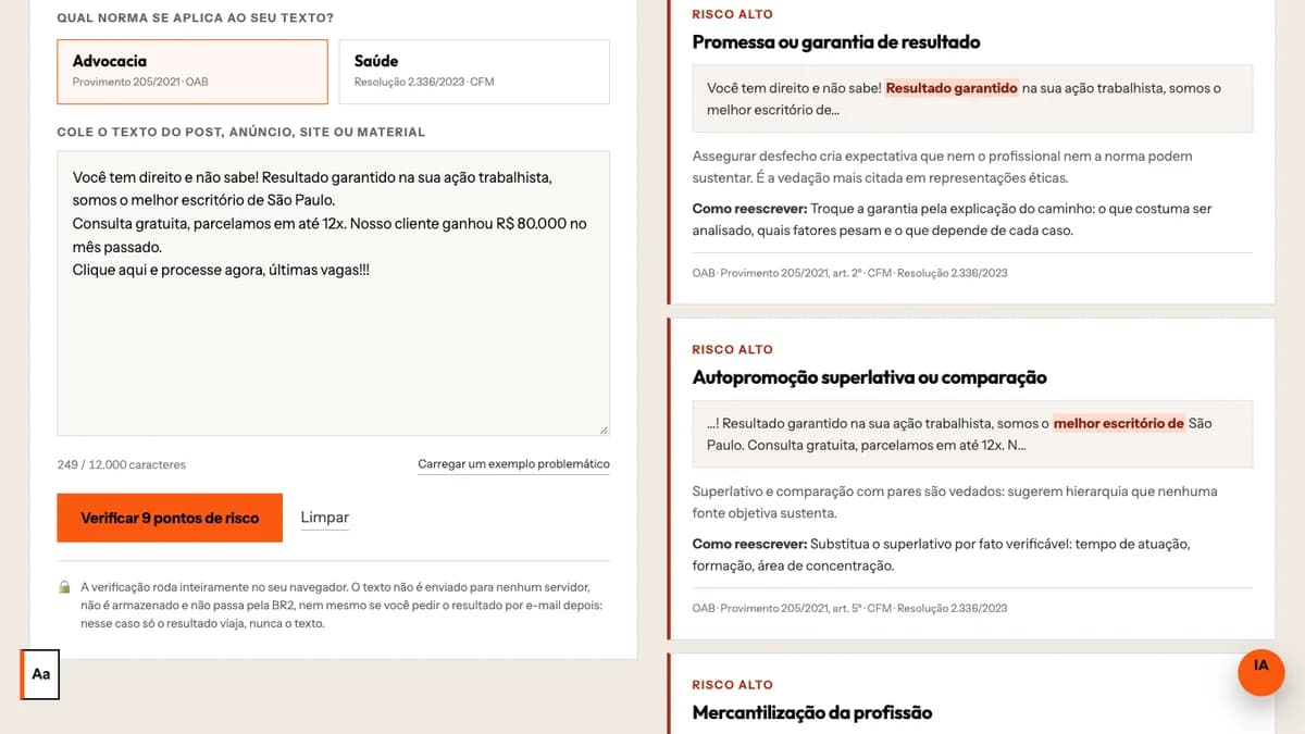 Verificador BR2 mostrando texto analisado e pontos de risco explicados